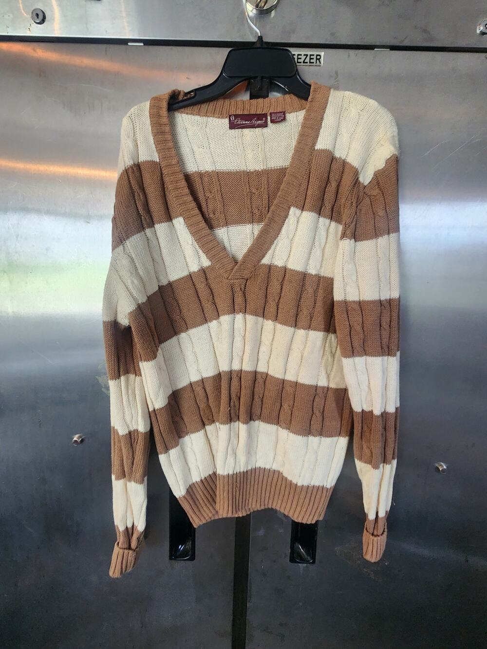 Etienne Aigner Striped Cable Knit Sweater Brown Cream Size Large